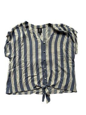 bobeau Blue and Cream Vertical-Stripe Tie-Front Blouse